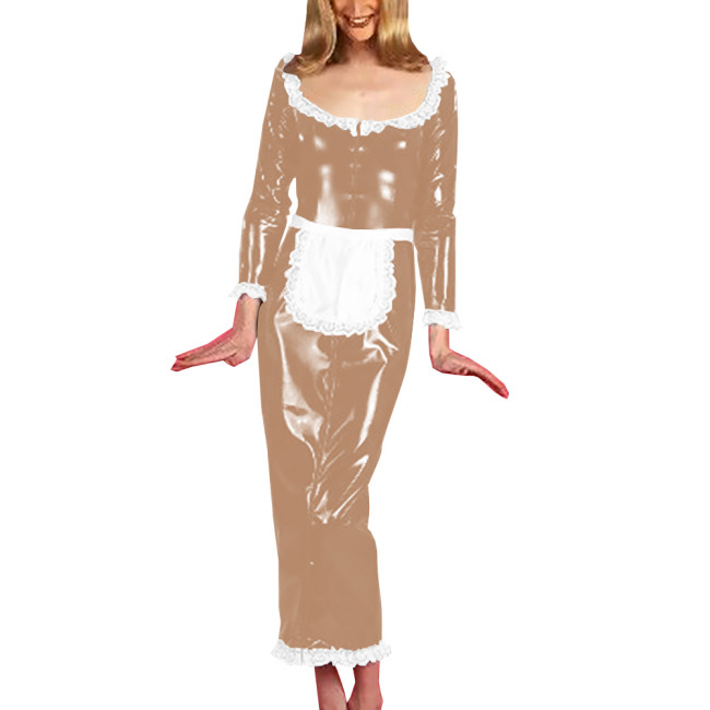 Unisex Cosplay Costumes with Sexy White Lace Hems Apron Scoop Neck Dress Long Sleeve Maxi Dress Vintage Maid Servant Outfit