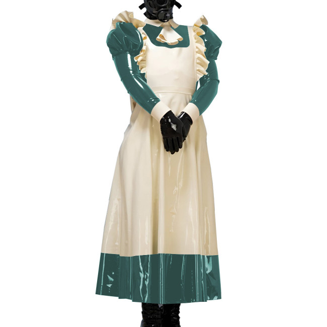 Unisex Extoic Halloween Costumes Puff Sleeve Maid Dress with Ruched Apron Long Sleeve Maxi Dress Mock Neck with Bowknot Dress