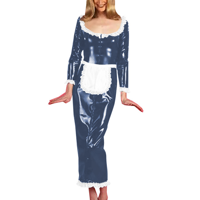 Unisex Cosplay Costumes with Sexy White Lace Hems Apron Scoop Neck Dress Long Sleeve Maxi Dress Vintage Maid Servant Outfit