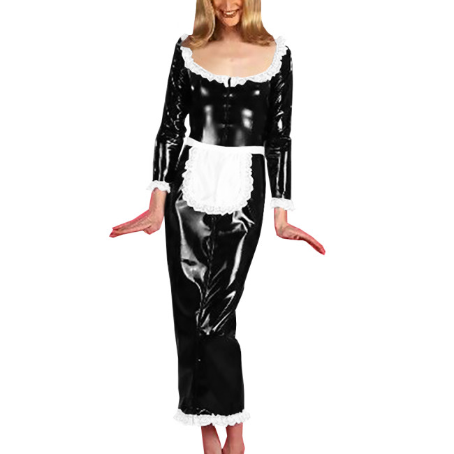Unisex Cosplay Costumes with Sexy White Lace Hems Apron Scoop Neck Dress Long Sleeve Maxi Dress Vintage Maid Servant Outfit