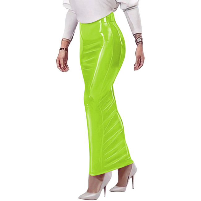 Female's Gothic Hobble Skirt Wetlook Patent PVC Leather Monochromatic Slim Fit High Waist Pencil Dress Date Occasions Attire