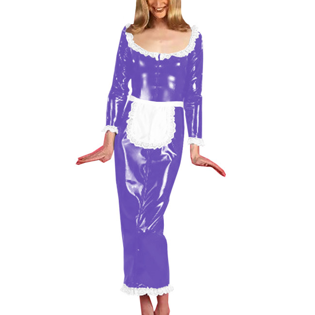 Unisex Cosplay Costumes with Sexy White Lace Hems Apron Scoop Neck Dress Long Sleeve Maxi Dress Vintage Maid Servant Outfit