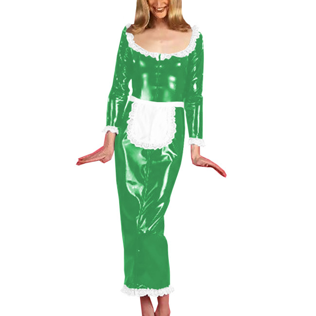 Unisex Cosplay Costumes with Sexy White Lace Hems Apron Scoop Neck Dress Long Sleeve Maxi Dress Vintage Maid Servant Outfit