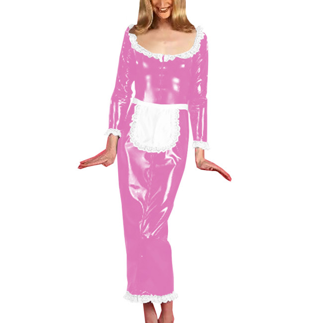 Unisex Cosplay Costumes with Sexy White Lace Hems Apron Scoop Neck Dress Long Sleeve Maxi Dress Vintage Maid Servant Outfit