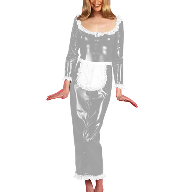 Unisex Cosplay Costumes with Sexy White Lace Hems Apron Scoop Neck Dress Long Sleeve Maxi Dress Vintage Maid Servant Outfit