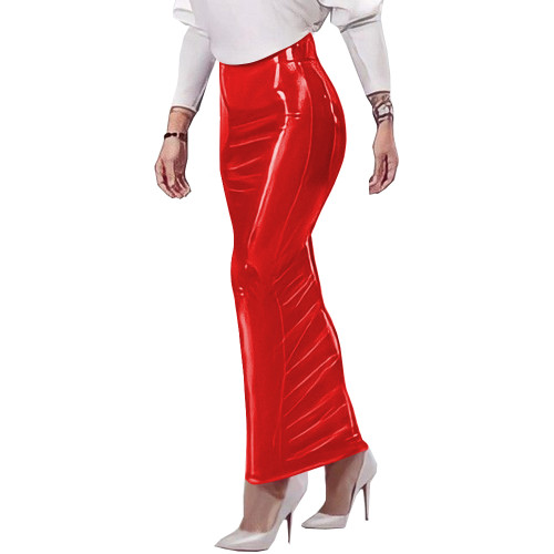 Female's Gothic Hobble Skirt Wetlook Patent PVC Leather Monochromatic Slim Fit High Waist Pencil Dress Date Occasions Attire