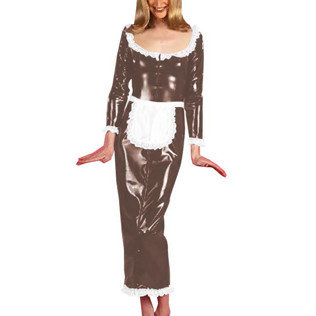 Unisex Cosplay Costumes with Sexy White Lace Hems Apron Scoop Neck Dress Long Sleeve Maxi Dress Vintage Maid Servant Outfit