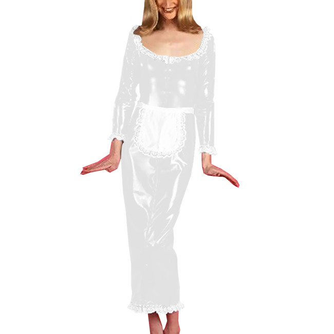 Unisex Cosplay Costumes with Sexy White Lace Hems Apron Scoop Neck Dress Long Sleeve Maxi Dress Vintage Maid Servant Outfit