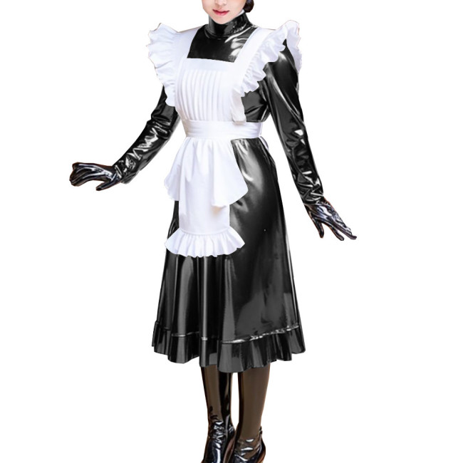 Unisex Maid Dress with Ruched Apron for Adult Wetlook Shiny PVC Leather Long Sleeve Pleated Midi Dress Vintage Cosplay Costume