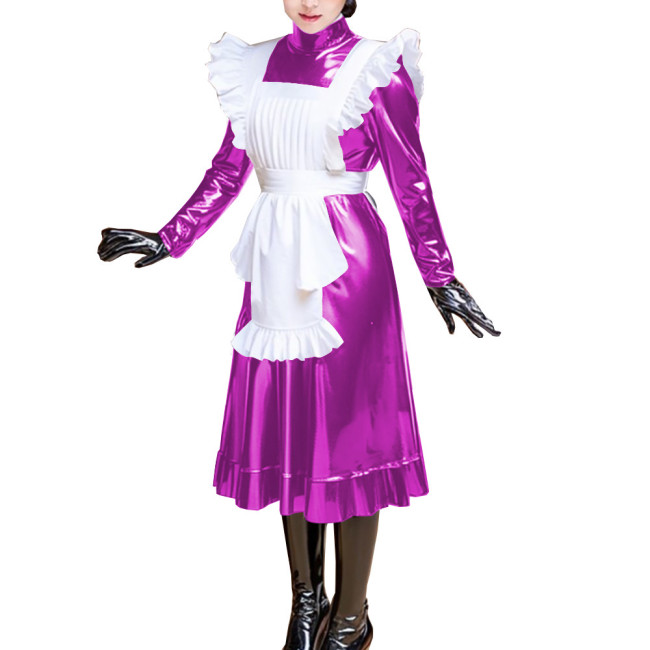Unisex Maid Dress with Ruched Apron for Adult Wetlook Shiny PVC Leather Long Sleeve Pleated Midi Dress Vintage Cosplay Costume
