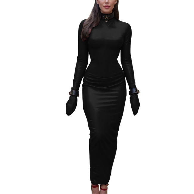Sexy Bodycon Dress for Cross-dresser ExtoicTurtleneck Long Sleeve Bondage Dress Hobble Strench Robe Sexy Revelry Party Costumes