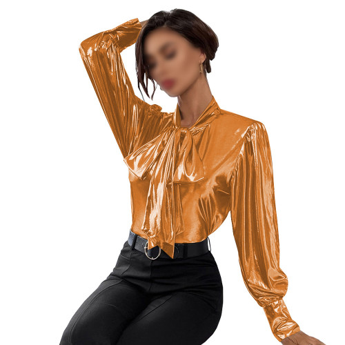 Shiny Metallic Long Sleeve Women Tops Chic Turn-down Collar with Big Bowtie Blouse Nightclub Elegant Office Ladies Outfits