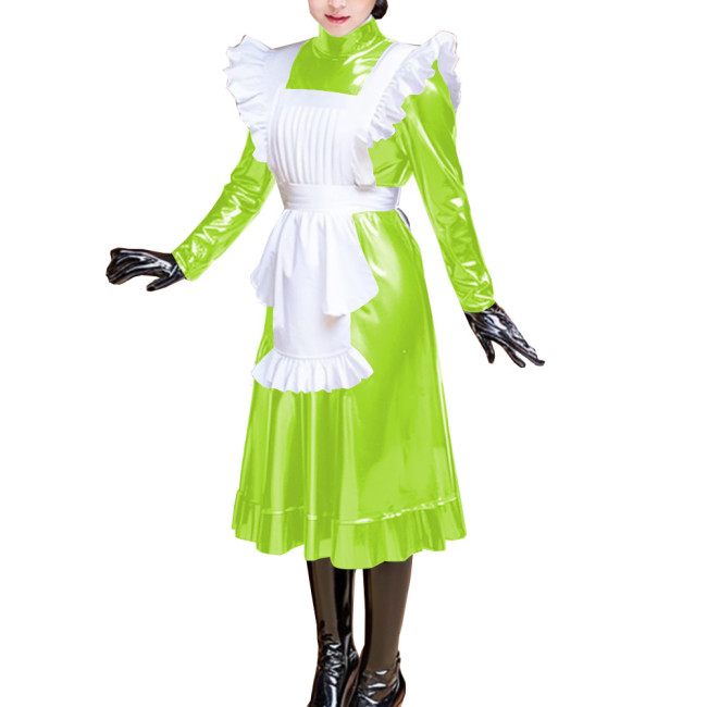 Unisex Maid Dress with Ruched Apron for Adult Wetlook Shiny PVC Leather Long Sleeve Pleated Midi Dress Vintage Cosplay Costume