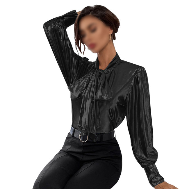 Shiny Metallic Long Sleeve Women Tops Chic Turn-down Collar with Big Bowtie Blouse Nightclub Elegant Office Ladies Outfits