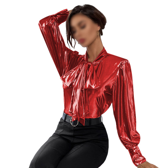 Shiny Metallic Long Sleeve Women Tops Chic Turn-down Collar with Big Bowtie Blouse Nightclub Elegant Office Ladies Outfits