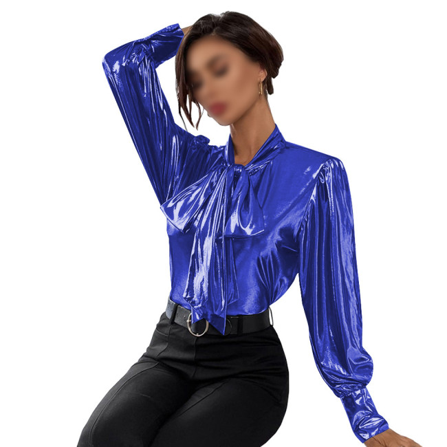 Shiny Metallic Long Sleeve Women Tops Chic Turn-down Collar with Big Bowtie Blouse Nightclub Elegant Office Ladies Outfits