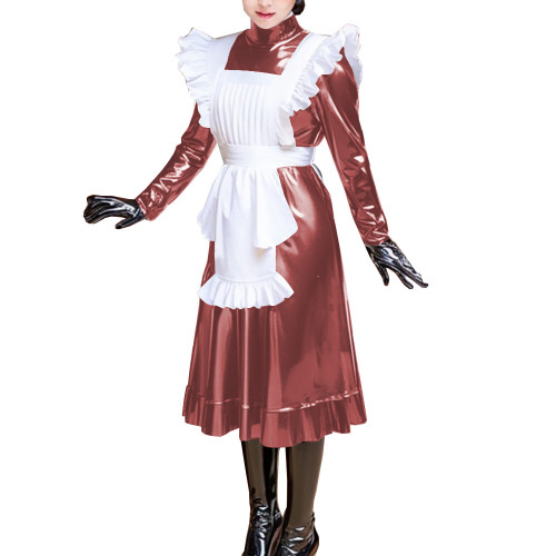 Unisex Maid Dress with Ruched Apron for Adult Wetlook Shiny PVC Leather Long Sleeve Pleated Midi Dress Vintage Cosplay Costume