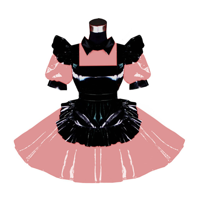 Turn-down Collar Short Puff Sleeve Pleated A-line Dress with Apron PVC Sissy Frills Dress 7XL Cosplay Party Plus Size Dress