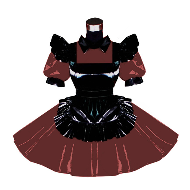 Turn-down Collar Short Puff Sleeve Pleated A-line Dress with Apron PVC Sissy Frills Dress 7XL Cosplay Party Plus Size Dress
