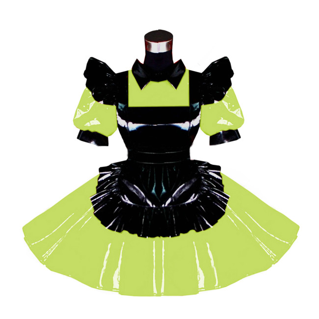 Turn-down Collar Short Puff Sleeve Pleated A-line Dress with Apron PVC Sissy Frills Dress 7XL Cosplay Party Plus Size Dress
