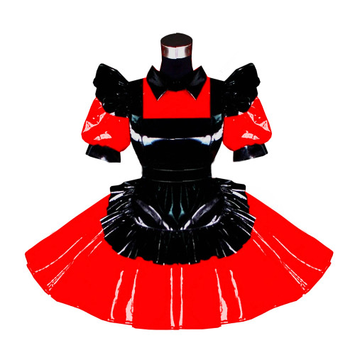 Turn-down Collar Short Puff Sleeve Pleated A-line Dress with Apron PVC Sissy Frills Dress 7XL Cosplay Party Plus Size Dress