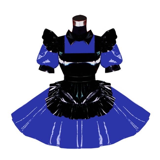 Turn-down Collar Short Puff Sleeve Pleated A-line Dress with Apron PVC Sissy Frills Dress 7XL Cosplay Party Plus Size Dress