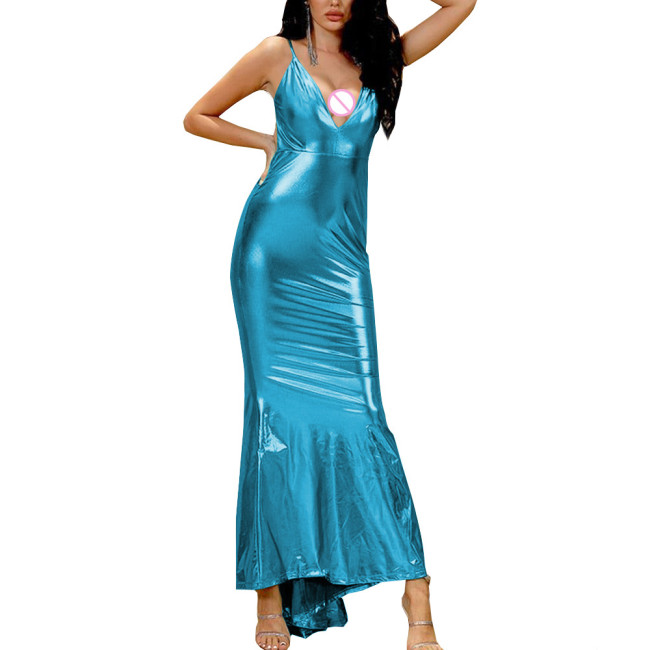 Shiny Metallic Vinyl Maxi Dress Female' Sexy V-neck Slim Fit Dress Spaghetti Strap Erotic Wrap Dress Sexy Revelry Party Wear
