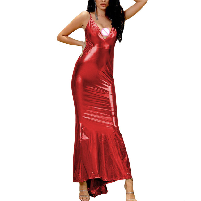 Shiny Metallic Vinyl Maxi Dress Female' Sexy V-neck Slim Fit Dress Spaghetti Strap Erotic Wrap Dress Sexy Revelry Party Wear