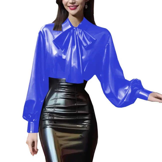 Women's Elegant Blouse with Pretty Bowknot Lantern Sleeve Turn-down Collar Tops Look Glossy PVC Leather Office Lady Daily Shirts