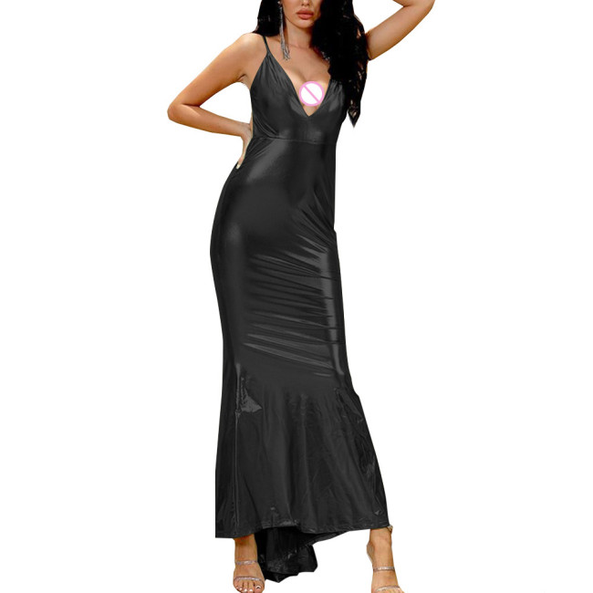 Shiny Metallic Vinyl Maxi Dress Female' Sexy V-neck Slim Fit Dress Spaghetti Strap Erotic Wrap Dress Sexy Revelry Party Wear