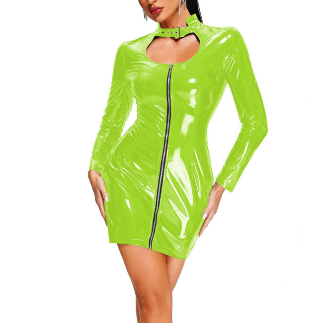 Lady Sexy Mini Dress with Chest Hollow-out Design Long Sleeve Stand Collar Chic Mini Dress Trims with Front Zipper Clubwear