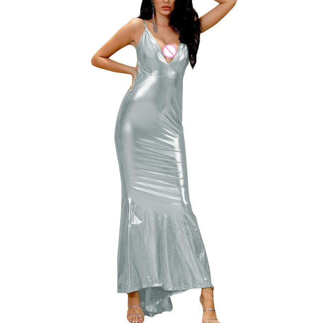 Shiny Metallic Vinyl Maxi Dress Female' Sexy V-neck Slim Fit Dress Spaghetti Strap Erotic Wrap Dress Sexy Revelry Party Wear