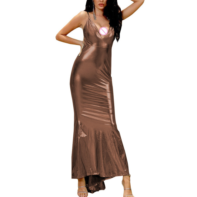 Shiny Metallic Vinyl Maxi Dress Female' Sexy V-neck Slim Fit Dress Spaghetti Strap Erotic Wrap Dress Sexy Revelry Party Wear