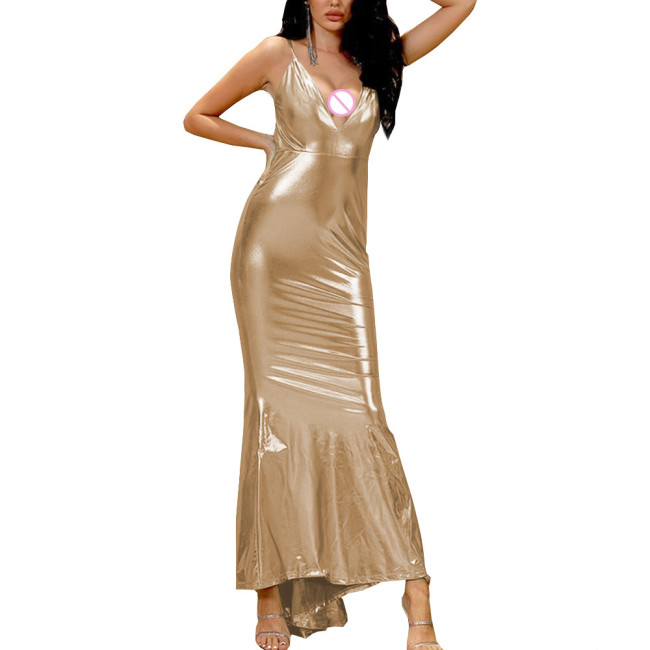 Shiny Metallic Vinyl Maxi Dress Female' Sexy V-neck Slim Fit Dress Spaghetti Strap Erotic Wrap Dress Sexy Revelry Party Wear