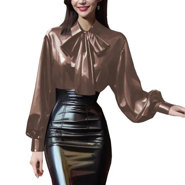 Women's Elegant Blouse with Pretty Bowknot Lantern Sleeve Turn-down Collar Tops Look Glossy PVC Leather Office Lady Daily Shirts