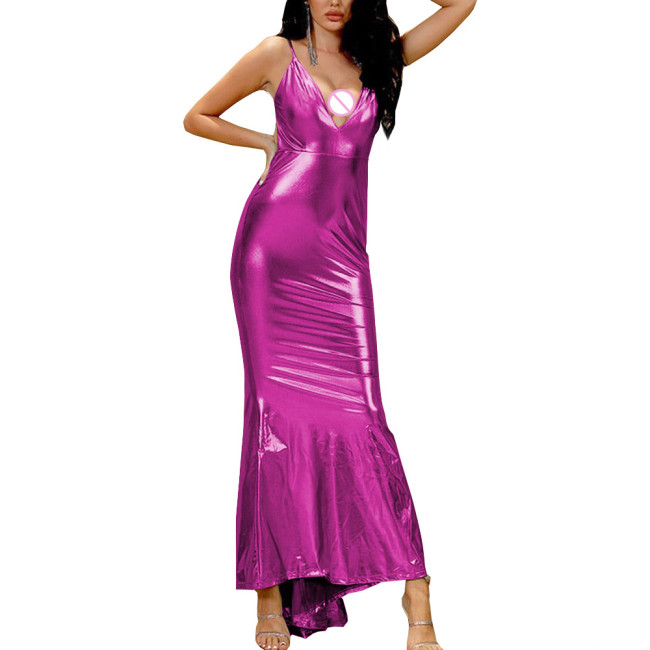 Shiny Metallic Vinyl Maxi Dress Female' Sexy V-neck Slim Fit Dress Spaghetti Strap Erotic Wrap Dress Sexy Revelry Party Wear