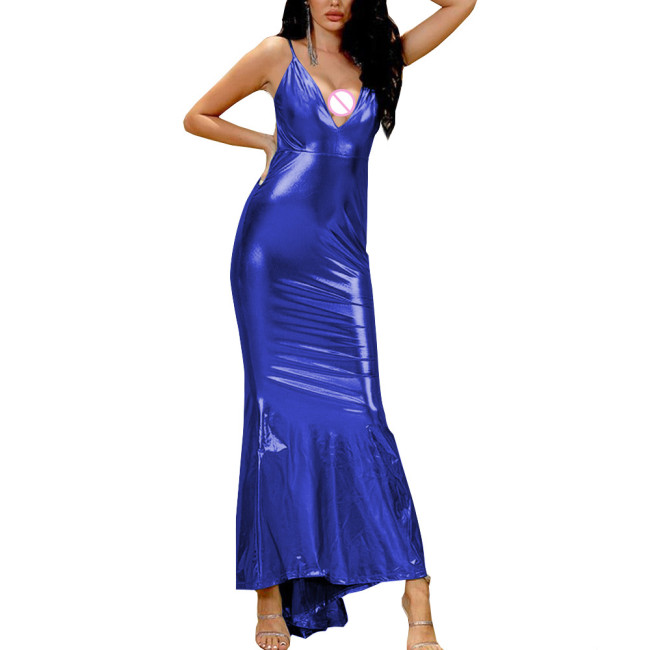 Shiny Metallic Vinyl Maxi Dress Female' Sexy V-neck Slim Fit Dress Spaghetti Strap Erotic Wrap Dress Sexy Revelry Party Wear