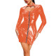 Lady Sexy Mini Dress with Chest Hollow-out Design Long Sleeve Stand Collar Chic Mini Dress Trims with Front Zipper Clubwear