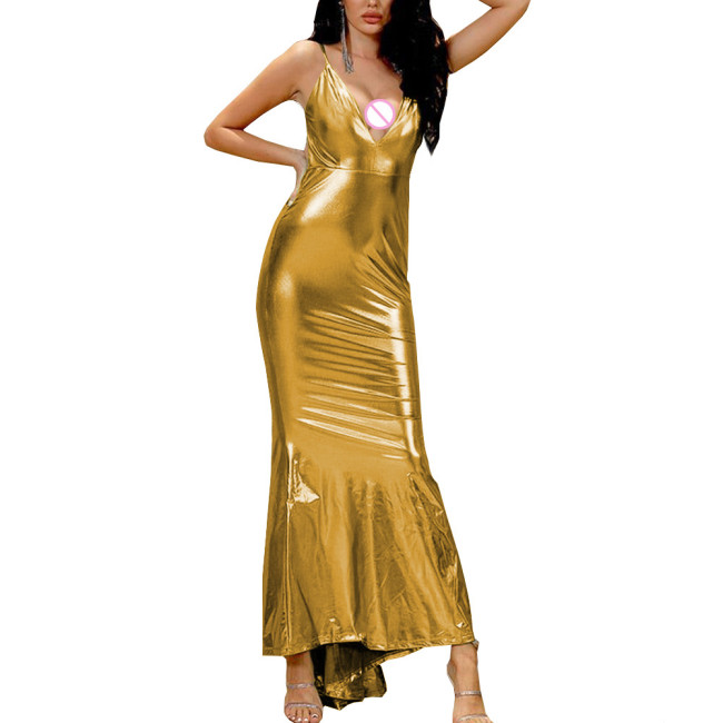 Shiny Metallic Vinyl Maxi Dress Female' Sexy V-neck Slim Fit Dress Spaghetti Strap Erotic Wrap Dress Sexy Revelry Party Wear