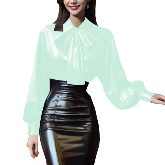 Women's Elegant Blouse with Pretty Bowknot Lantern Sleeve Turn-down Collar Tops Look Glossy PVC Leather Office Lady Daily Shirts