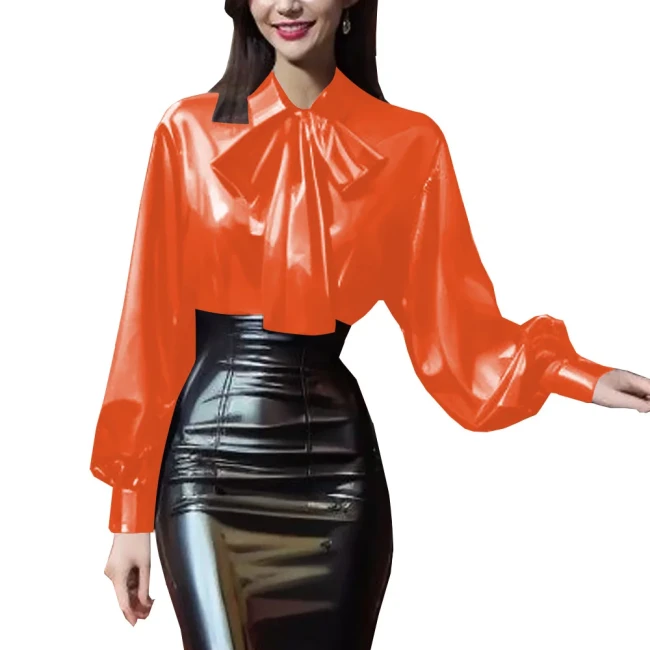 Women's Elegant Blouse with Pretty Bowknot Lantern Sleeve Turn-down Collar Tops Look Glossy PVC Leather Office Lady Daily Shirts