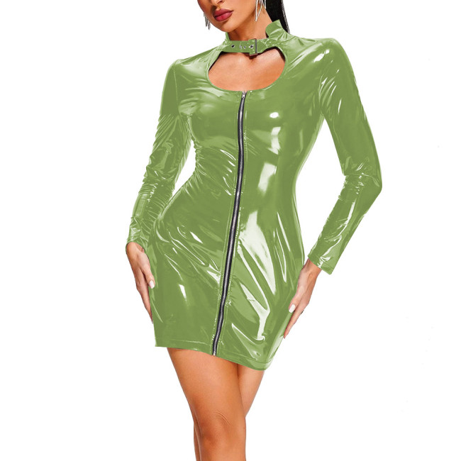 Lady Sexy Mini Dress with Chest Hollow-out Design Long Sleeve Stand Collar Chic Mini Dress Trims with Front Zipper Clubwear