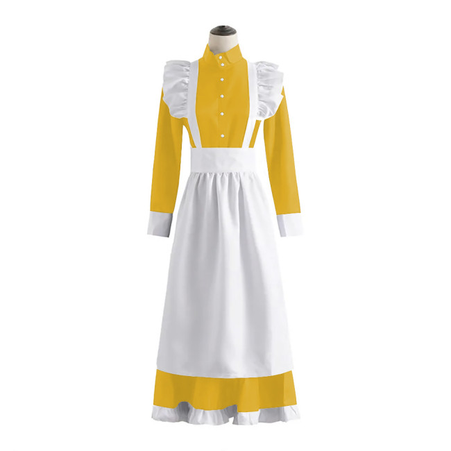 Sissy Satin French Maid Dress with Ruffled Apron Unisex Adult High Neck Single-breasted Maid Uniforms Exotic Cosplay Costume 7XL