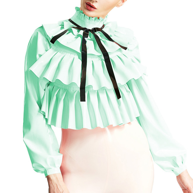 Womens Triple Fold Chic Blouse Ruched Mock Neck Long Sleeve Tops Fashion Layered Ruffles Shirts Wetlook PVC Shirts Streetwear
