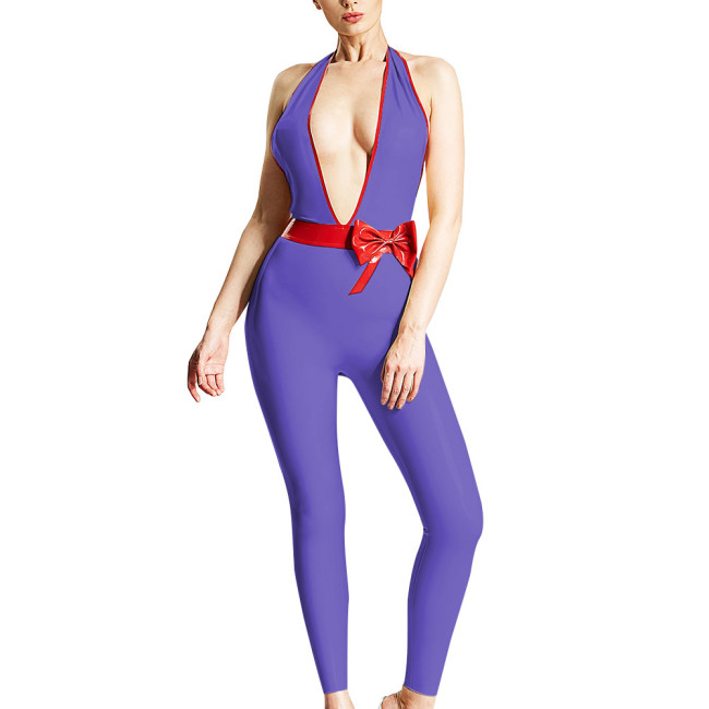 Halter Jumpsuits for Women Sexy Deep V-neck Backless Rompers Fashion Zentai Trims with Pretty Red Bowknot Sex Ravely Party Wear