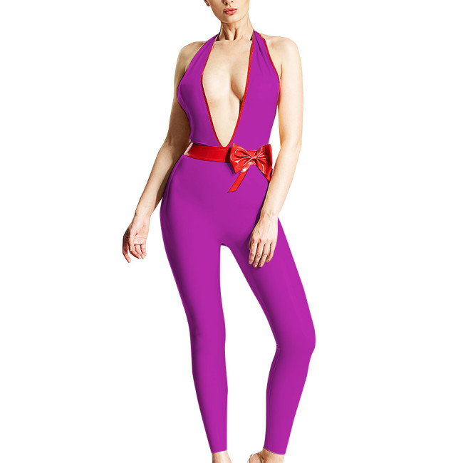 Halter Jumpsuits for Women Sexy Deep V-neck Backless Rompers Fashion Zentai Trims with Pretty Red Bowknot Sex Ravely Party Wear