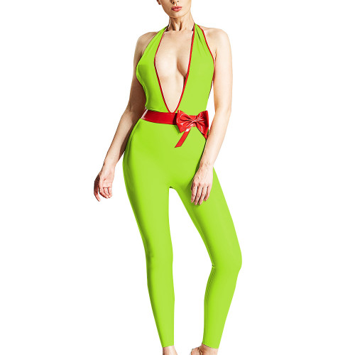 Halter Jumpsuits for Women Sexy Deep V-neck Backless Rompers Fashion Zentai Trims with Pretty Red Bowknot Sex Ravely Party Wear