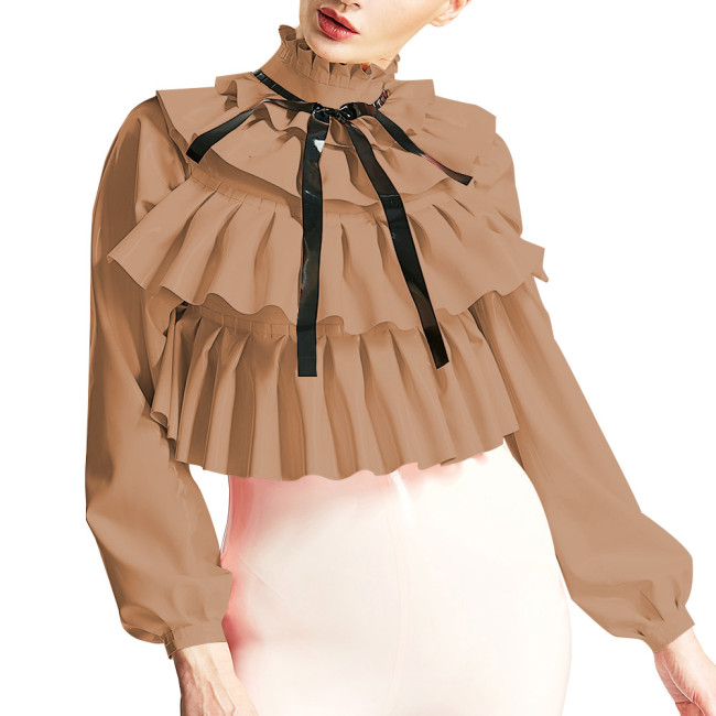 Womens Triple Fold Chic Blouse Ruched Mock Neck Long Sleeve Tops Fashion Layered Ruffles Shirts Wetlook PVC Shirts Streetwear