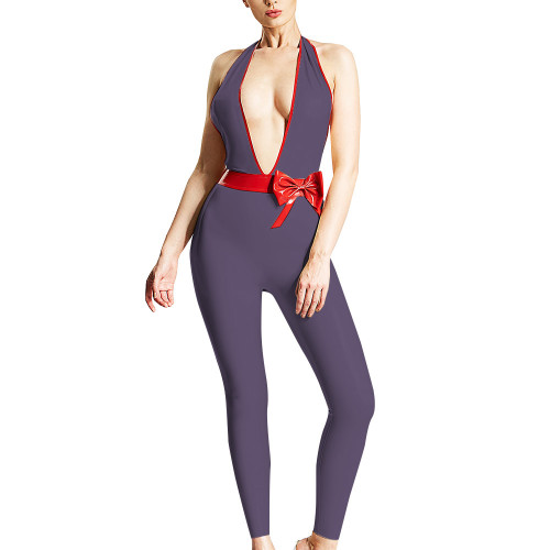 Halter Jumpsuits for Women Sexy Deep V-neck Backless Rompers Fashion Zentai Trims with Pretty Red Bowknot Sex Ravely Party Wear