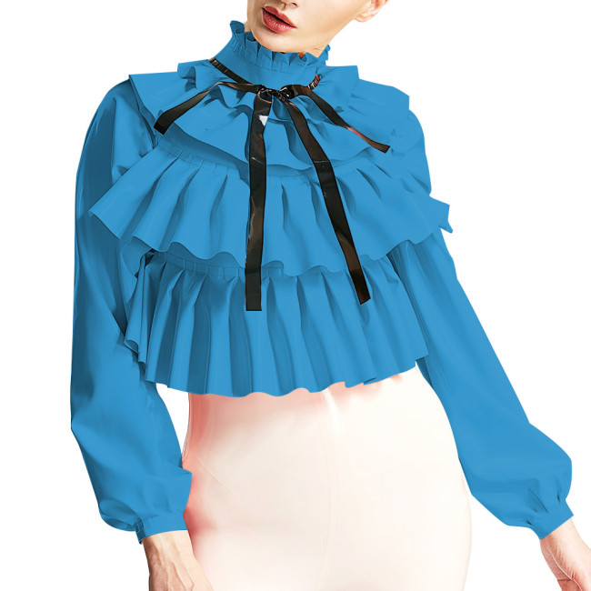 Womens Triple Fold Chic Blouse Ruched Mock Neck Long Sleeve Tops Fashion Layered Ruffles Shirts Wetlook PVC Shirts Streetwear